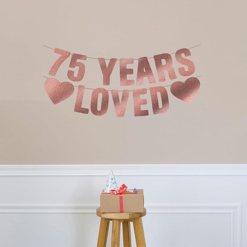 Pre-Strung 75th Birthday Banner - Rose Gold Glitter, Happy 75th Birthday Party Decorations for Women, Cute 75 Year Old Anniversary Decor Bday Sign