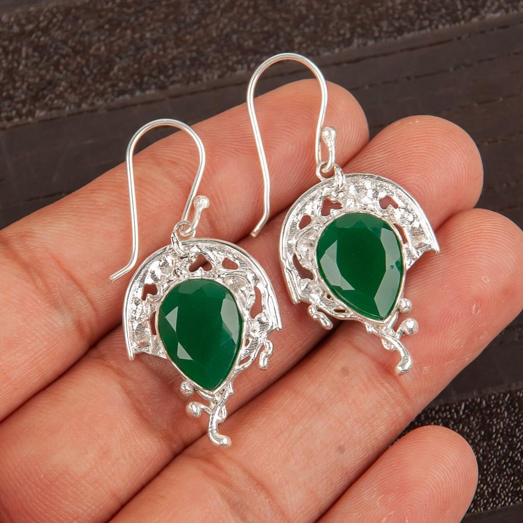 Gift For Her Green Onyx Gemstone 925 Sterling Silver Jewelry Handmade Earrings CE-5-15