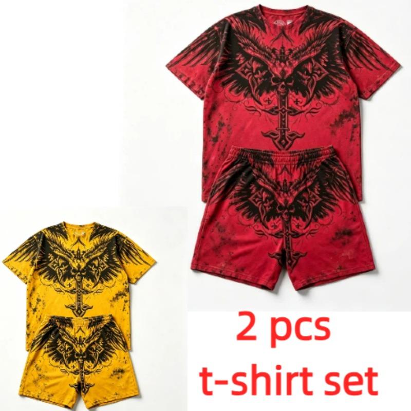Summer Fashion Y2K Vintage Cross Skull Wings Graphic Printed Round Neck Short Sleeved T-Shirt And Shorts Set Men's and Women's T-shirt Shorts Set