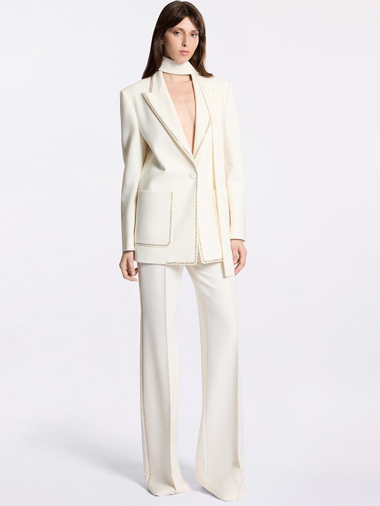 2026 High Street Spring Fashion: Rhinestone Suit Jacket & Trousers Scarf Set for Women