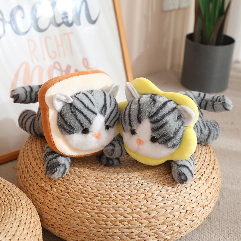 Non-Toxic Like Real Cat Doll Lying Plush Animal Toy Orange Grey Cat With Fish Bread Stuffed Peluche Decoration Gift