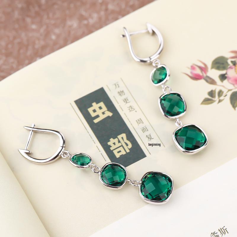 Silver Green Crystal Dangle Earrings: Minimalist Long Style for Women, European American Touch, Perfect Christmas Jewelry