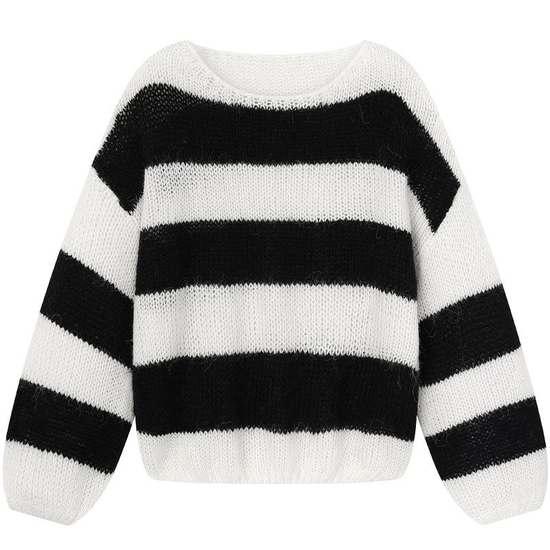Black and white striped knitted sweater women's 1011 autumn new mohair hollow one-word collar loose lazy wind pullover sweater