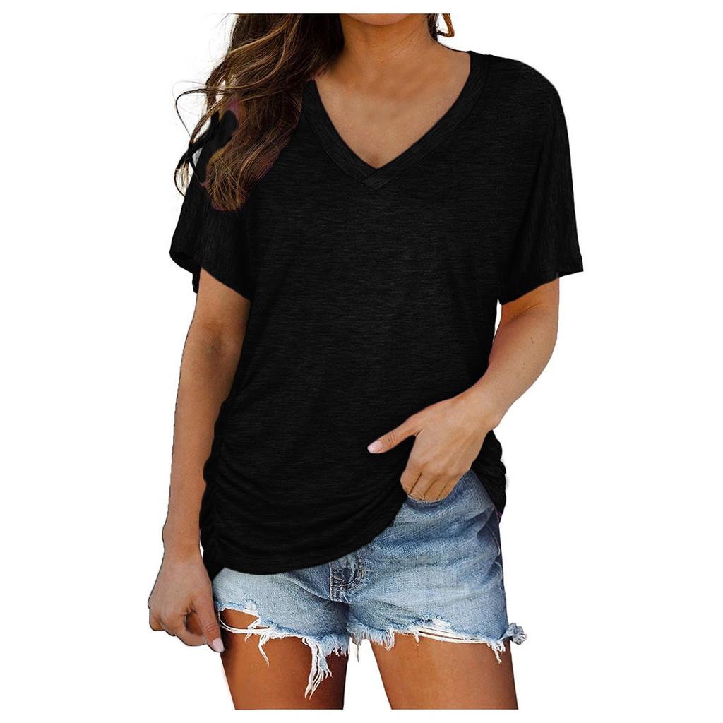 Womens Short Sleeve V Neck Tops with Side Shirring Blouse T-Shirt