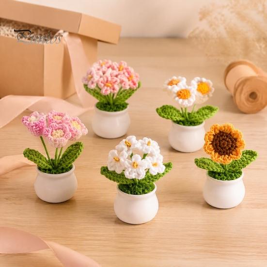 Handwoven Woolen Potted Flowers Handmade Crochet Flower Decoration, Knit Artificial Sunflower Desktop Maintenance Free Fake Plants Decor, Gift