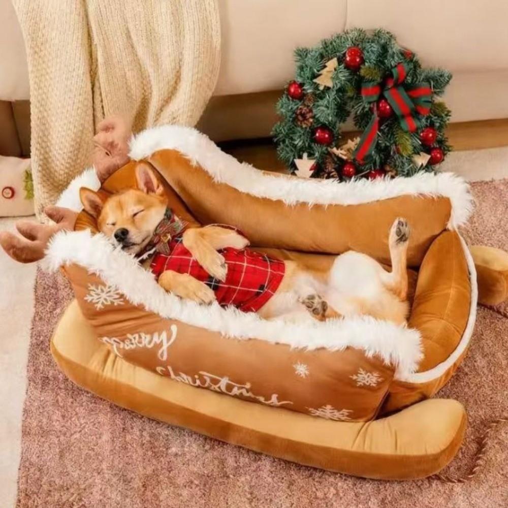 Reindeer Shape Christmas Sleigh Pet Bed Bite Resistant Xmas Sleigh Cat Nest Holiday Gift