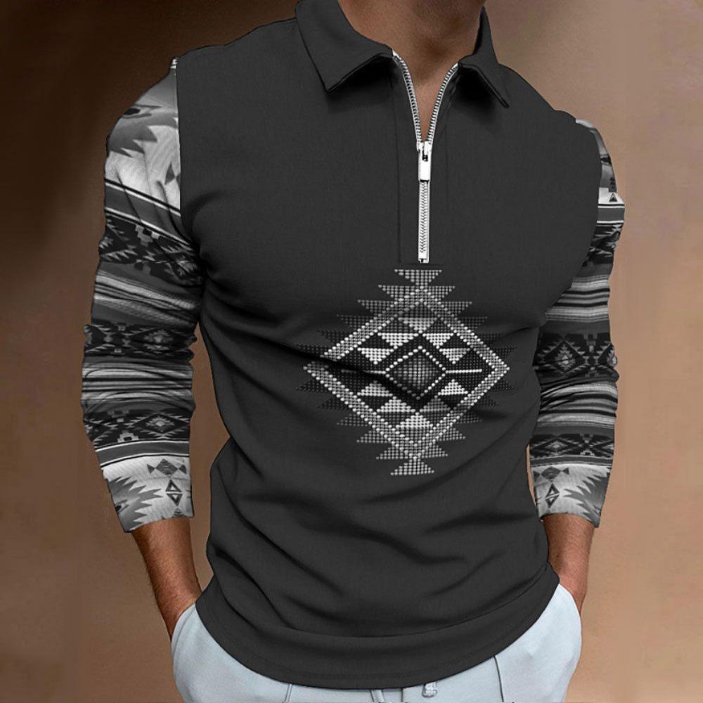 Men's Polo Shirt Digital Printing Men's Sweatshirt T-shirt Men's Autumn and Winter New Ethnic Style T-shirt Tops Men's Lapel Shirt