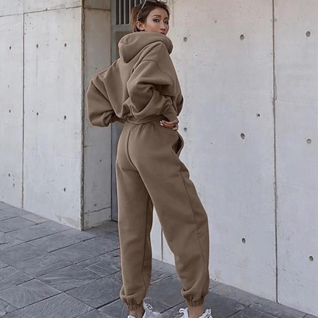Fall Winter Women's Solid Color Casual Loose Hooded Sweater Coat Sports Suit