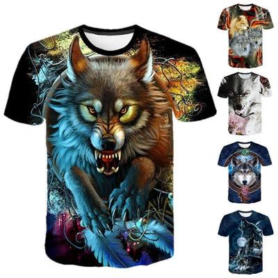 T-shirt à manches courtes tendance imprimé en couleur avec motif loup numérique 3D pour l'été