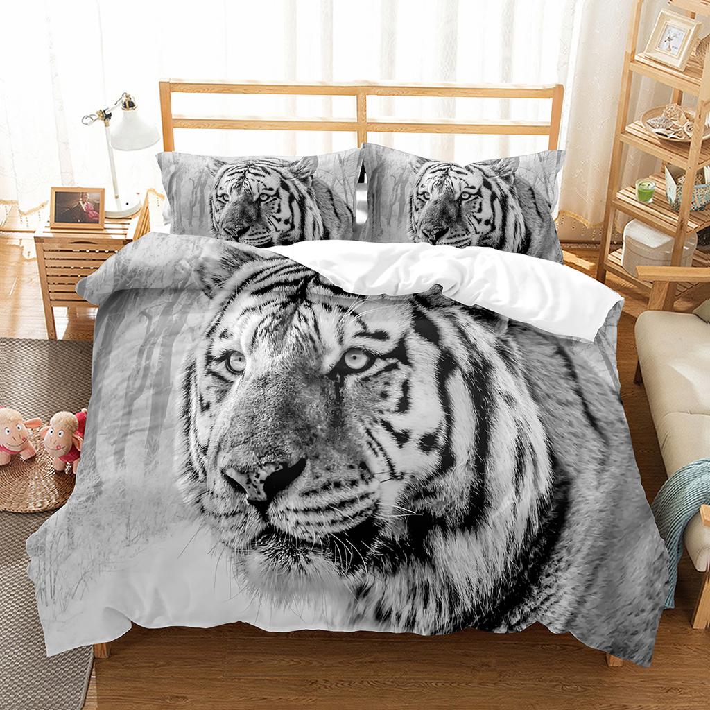 Tiger Duvet Cover Set Purple Flower Comforter Cover Boys African Safari Wild Animals Big Cat Queen King Polyester Quilt Cover