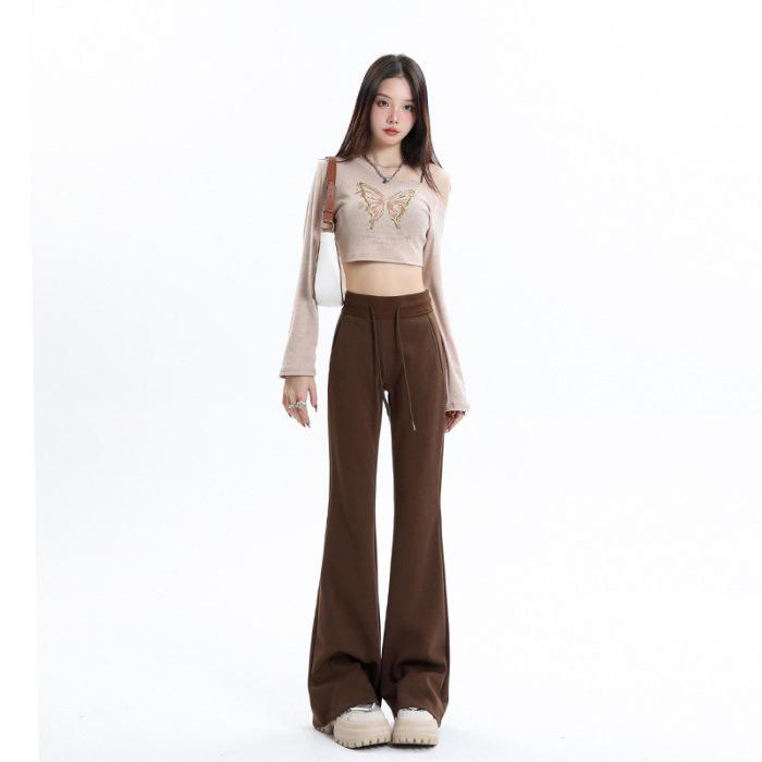 Women s Fleece-lined Low-rise Flare Sweatpants: 2025 Autumn/Winter Slimming Sports Yoga Pants Brown - Long Pants