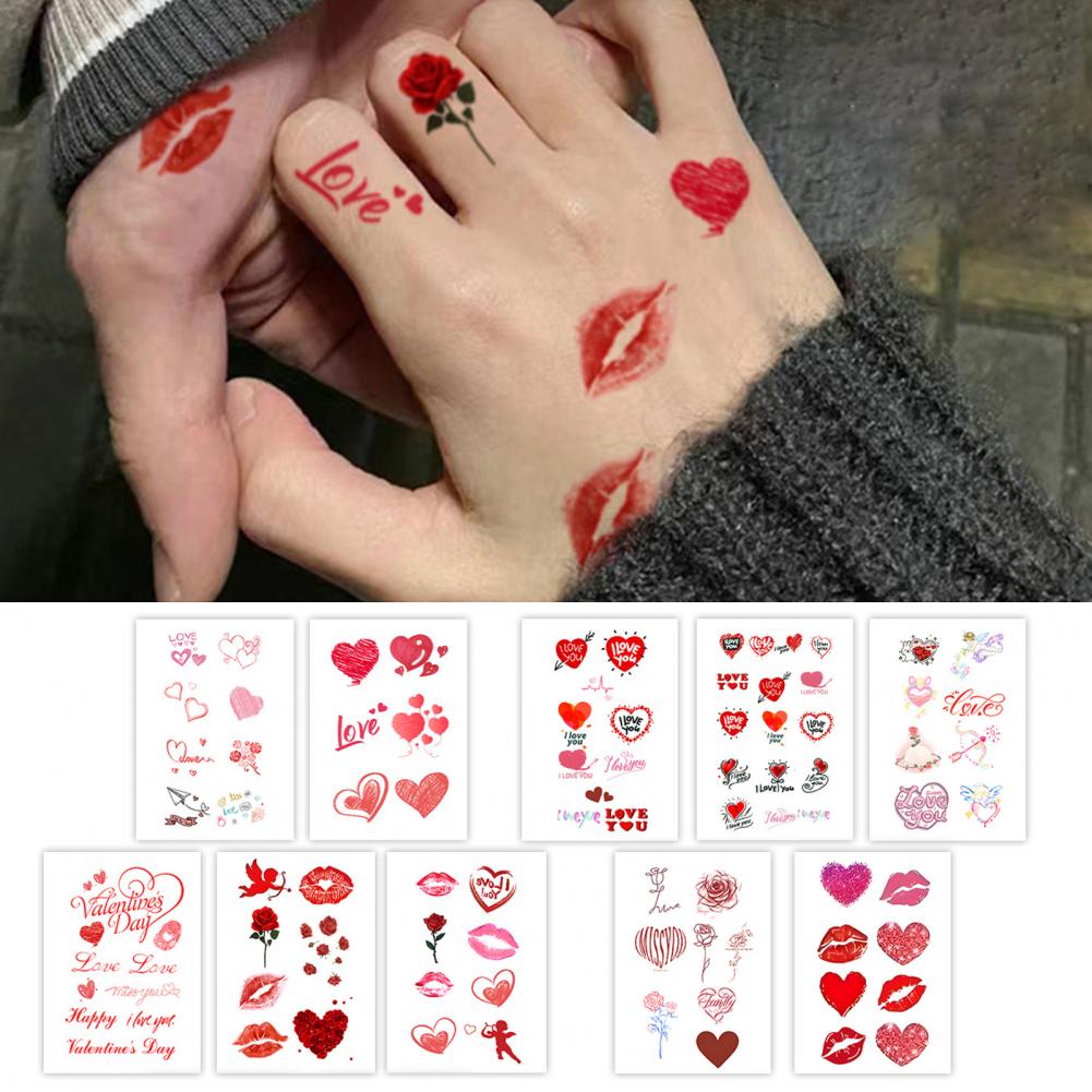 10 Stück temporäre Tattoo-Aufkleber, rotes Herz, Lippen, Rose, wasserdicht, gefälschte Aufkleber, Körperkunst-Tattoos für Valentinstag, Geburtstage