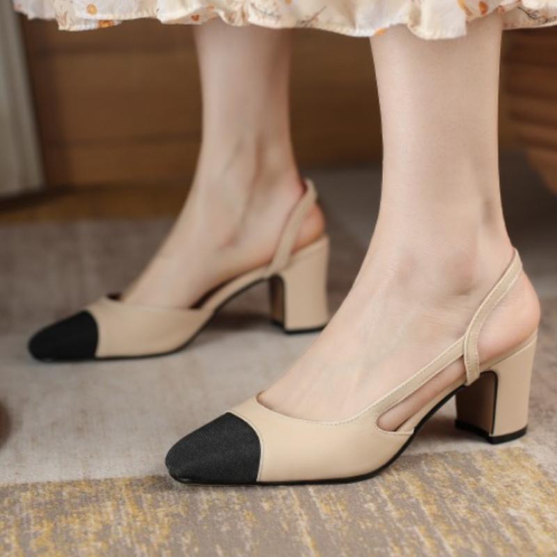 Women's Sandals Summer Shoes 2025 Genuine Leather Elegant Close Toe Block Heels Slingbacks White Beige Shoes Ladies Big Size 45