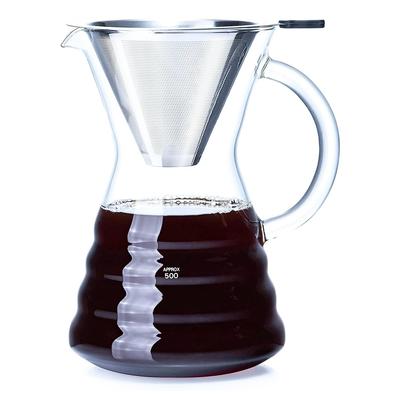 Pokaro Tea Coffee Server, Heat-Resistant Glass, 500ml, No Paper Coffee Filter Required, Stylish Drip Coffee Server, Reusable Stainless Steel Filter,
