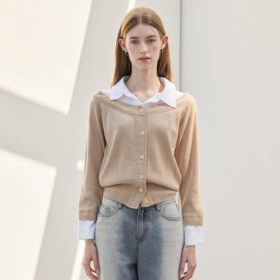 Hiikeu Wool Knit Off-Shoulder Cardigan_Light Beige