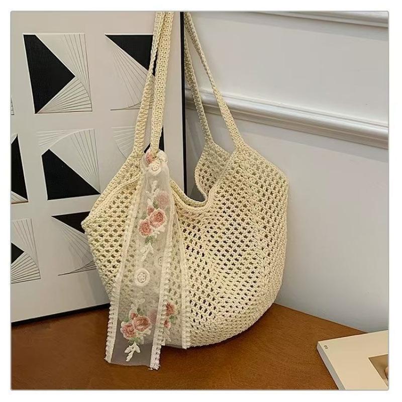 Women's Summer Large Capacity Cotton Underarm Tote - Hollow Weave Beach Bag