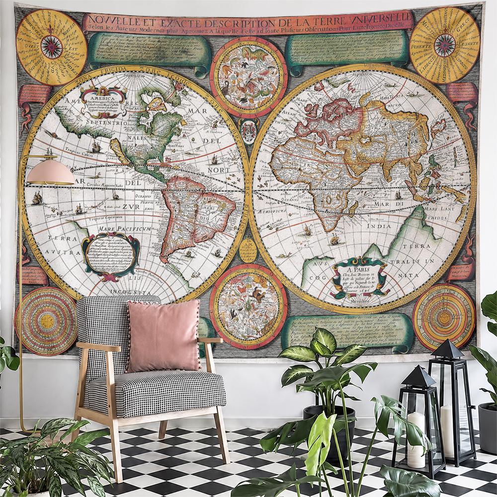 Vintage world map design antique global exploration Patterned tapestry for bedroom and living room home decor sofas