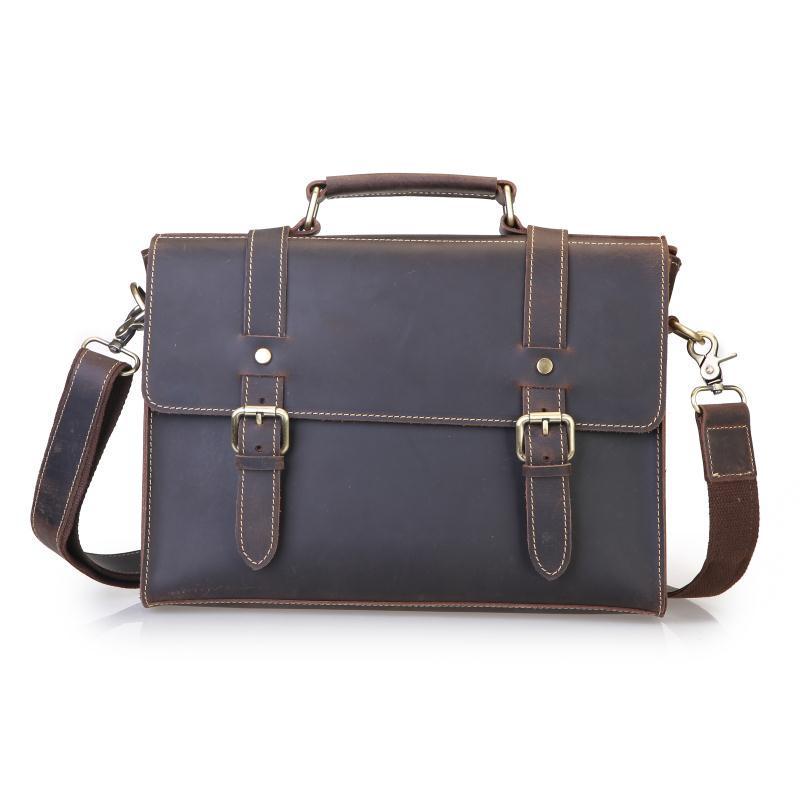 Genuine Crazy Horse Leather Men's Briefcase and Crossbody Bag