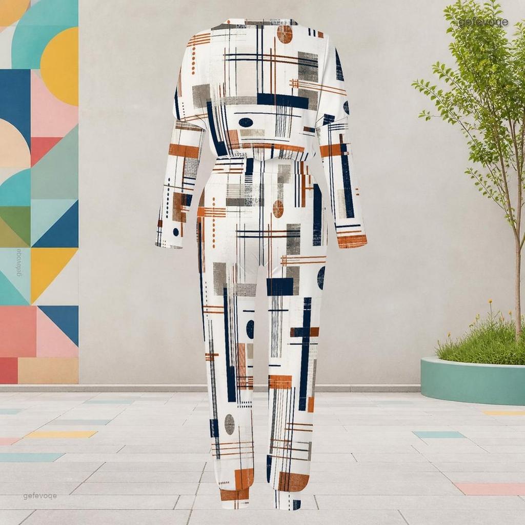 Women Plus Size Printed Round Neck Long Sleeve Cuffed Top Cuffed Pants Two Piece Set With Pockets