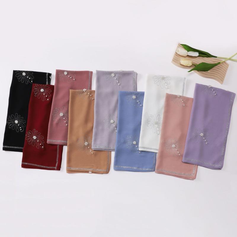Pearl Chiffon Clover Rhinestone Beaded Ethnic Square Scarf For Women