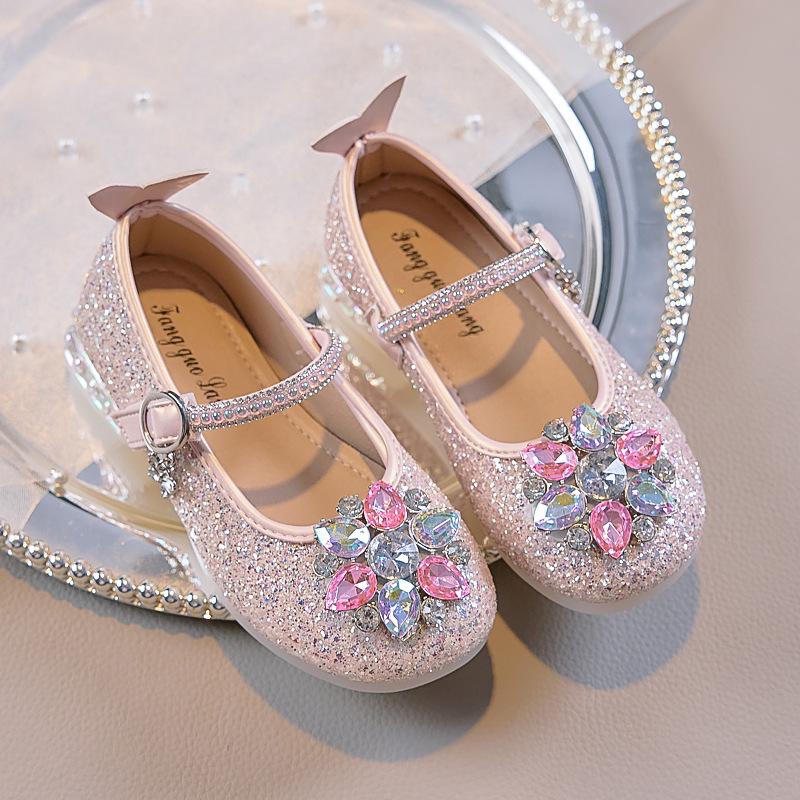 Girls' Rhinestone Princess Heels - 2025 Autumn Collection: Comfortable Soft Sole Shoes with Flower Crystal Design