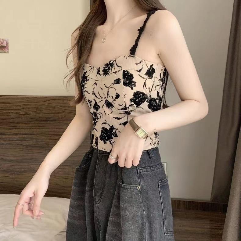 Floral Tank Top Halter Crop Tops Women Summer Camis Chest Pad Camisole Fashion Casual Tube Female Sleeveless Cropped Vest