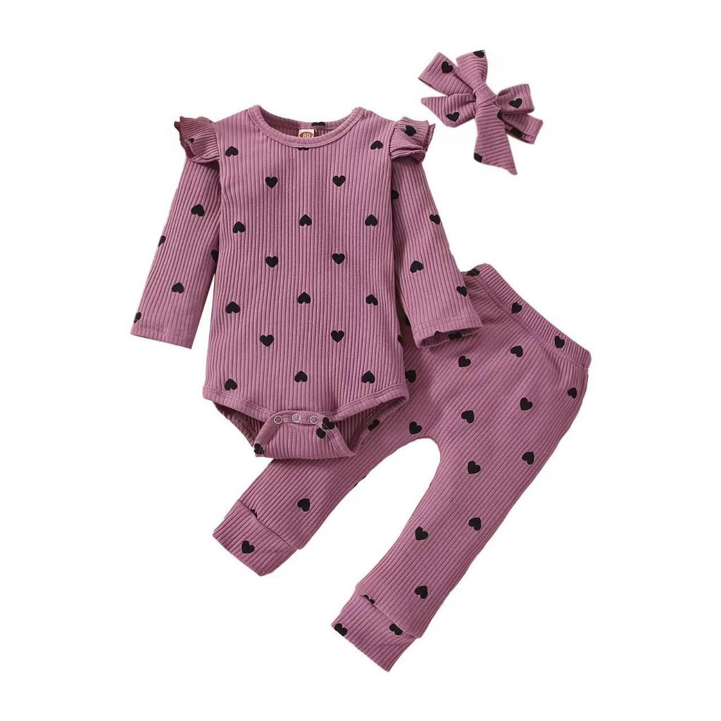 2023 Autumn/Winter Heart Print Romper for Baby Girls – Multicolor, Long Sleeve, Bowknot Accent