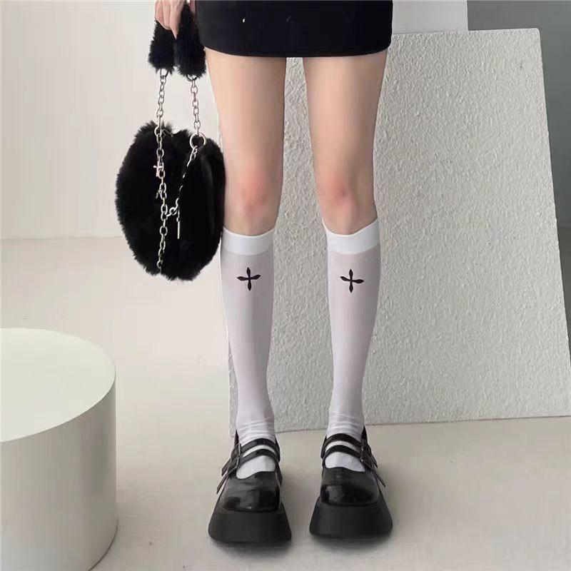 Spring and summer black JK calf socks summer thin slim calf mid tube socks cross niche women dark