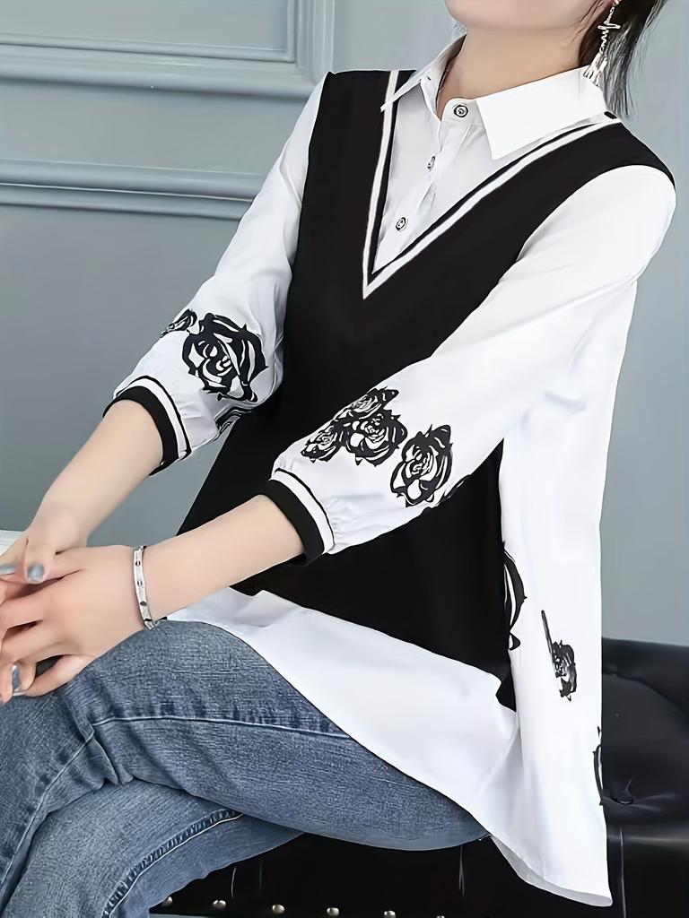 2 In 1 Button Front Blouse, Elegant 3/4 Sleeve Blouse for Spring & Fall, Women's Clothing