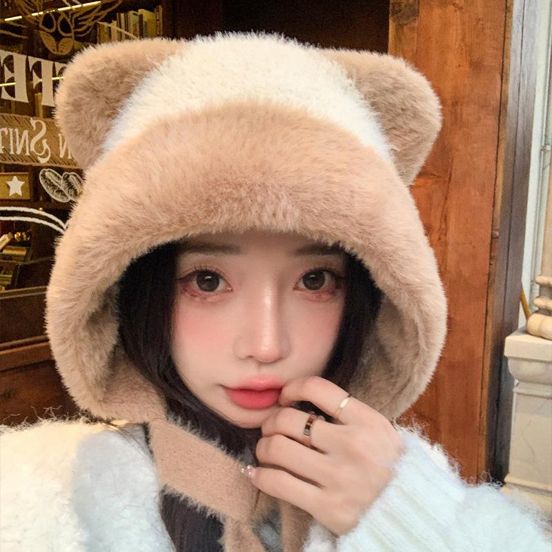 Hats for Women Cute Ear Plush Hats for Winter Girls Cute Sweet Knitted Wool Hat Thickened Warm Ear Protection Hat
