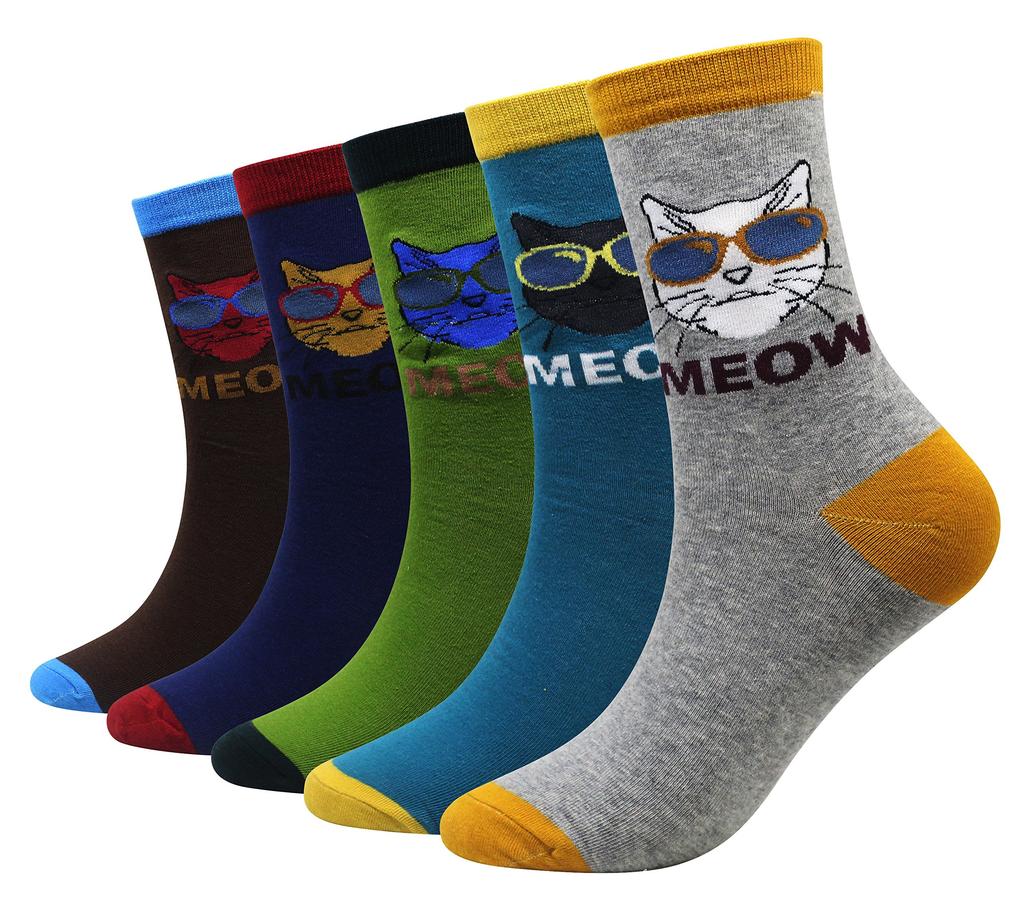 Cansok Casual Animal Print Cotton Socks Set with 5 Pairs Men's (Cat Glasses) -