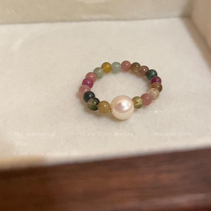 

Tourmaline Pearl Natural Stone Ring for Women, Light Luxury Layered Wear, Niche Design, Index Finger Ring, High-End Beaded Accessory Ring Single Tourmaline Pearl