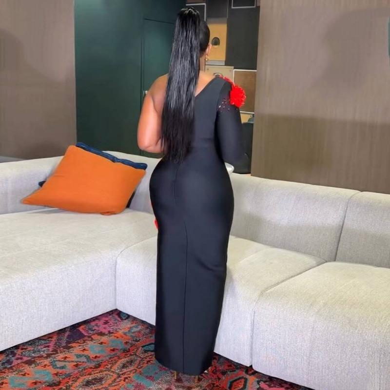 New Sexy Bandage Dress Flower Shoulder Women's Clothing Medium and Long Party Dress African Fashion
