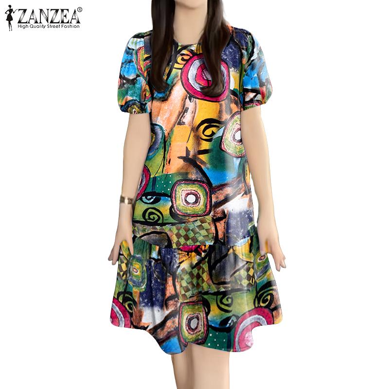 ZANZEA Women Casual Round Neck Summer Short Sleeve Print Dress