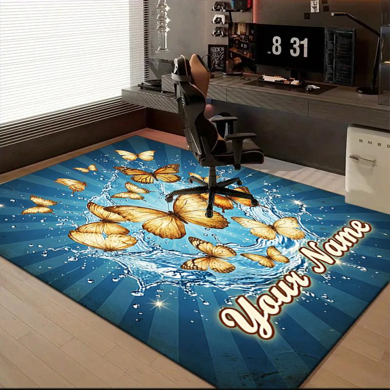 1PC Custom Name Butterflies Water Splash Theme Floor Mat Ideal for Living Room, Game Rooms, Office, Bedroom, Floor Mat Playful Design