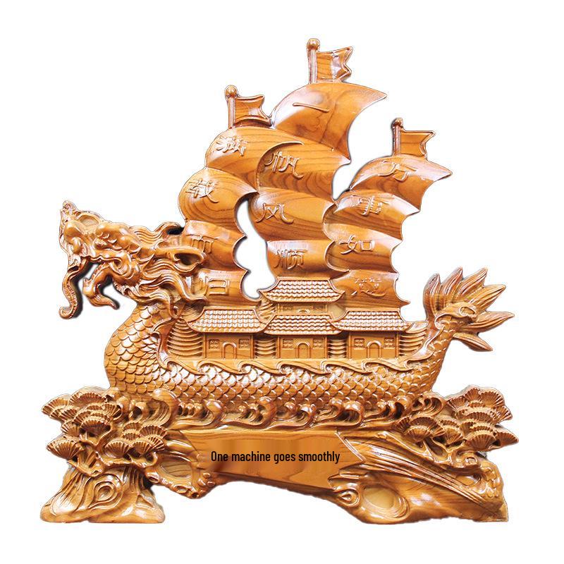 Peach Wood Carved Dragon Boat Ornament for Living Room Decoration