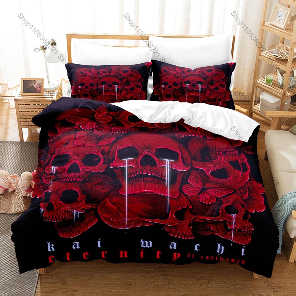 Teschio Horror Gotico Grafica Kai Wachi EDM Bass DJ Concerto Merch Set Biancheria da Letto Copripiumino con 2 Federe Adolescente Headbanger