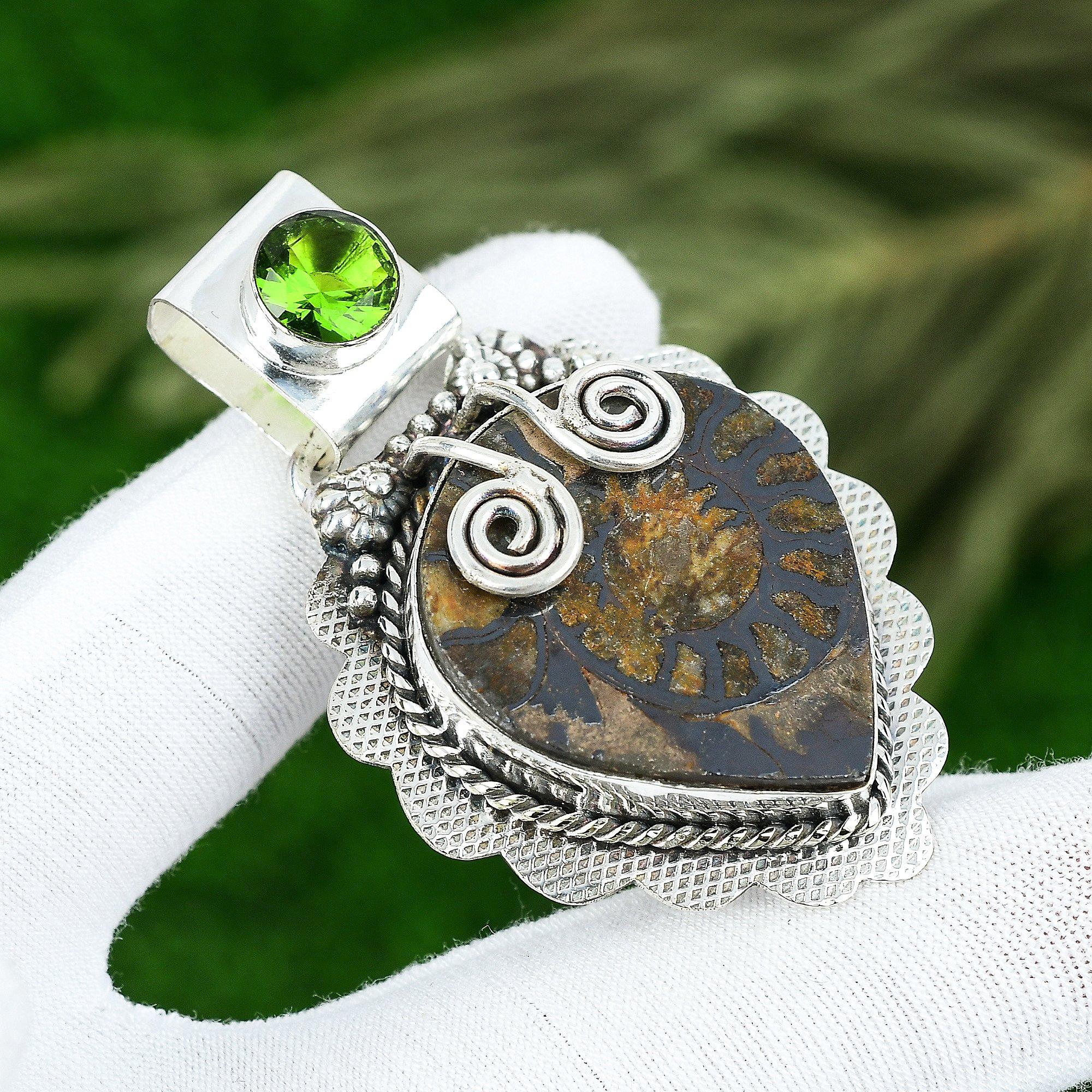 

Pear Ammonite Fossil Stone Peridot 925 Sterling Silver Bezel New Pendant Jewelry