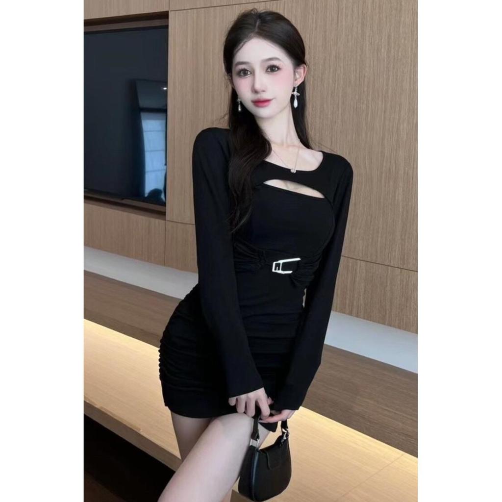 Spring New Sexy Long-sleeved High-elastic Korean Version Tight-fitting Hip-wrapped Waist Short Primer Dress Women's Clothing
