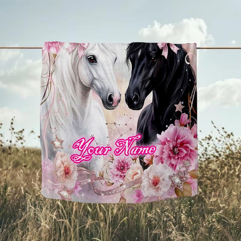1PC Custom Name Horses Floral Fantasy flannel blanket versatile,all-season throw suitable for the living room,bedroom,camping,travel,and gift