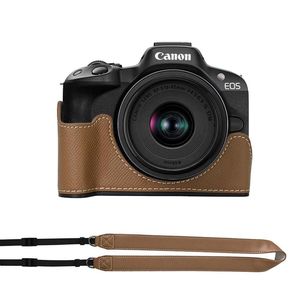 ITARUKEN Camera Half Case for Canon EOS PU Leather with Hand Tripod Protective and Shoulder Khaki R50, Grip, Hole, Cover, Strap,