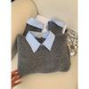 WTEMPO Fake Two-pieces Turn-down Shirt Sweater Women's Autumn Winter Contrast Color Lapel Gray Sweater Top