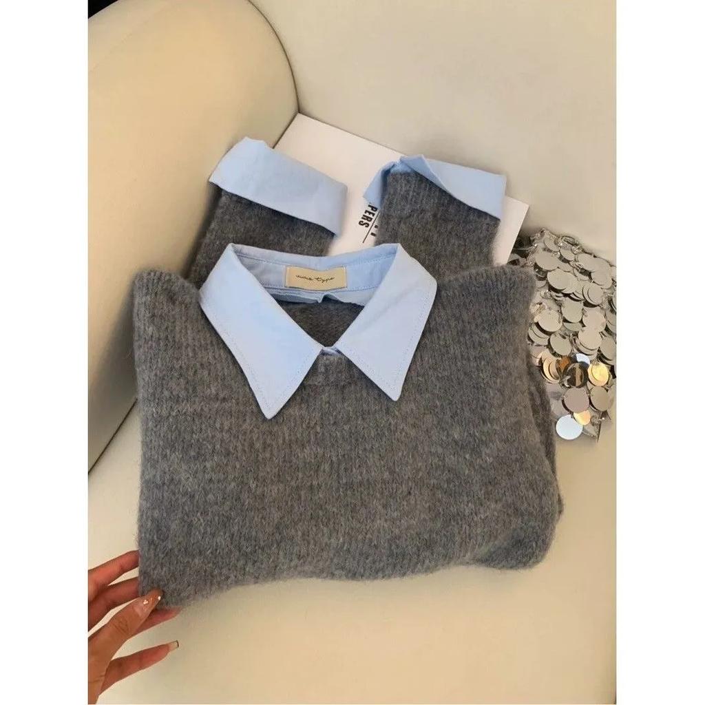 WTEMPO Fake Two-pieces Turn-down Shirt Sweater Women's Autumn Winter Contrast Color Lapel Gray Sweater Top