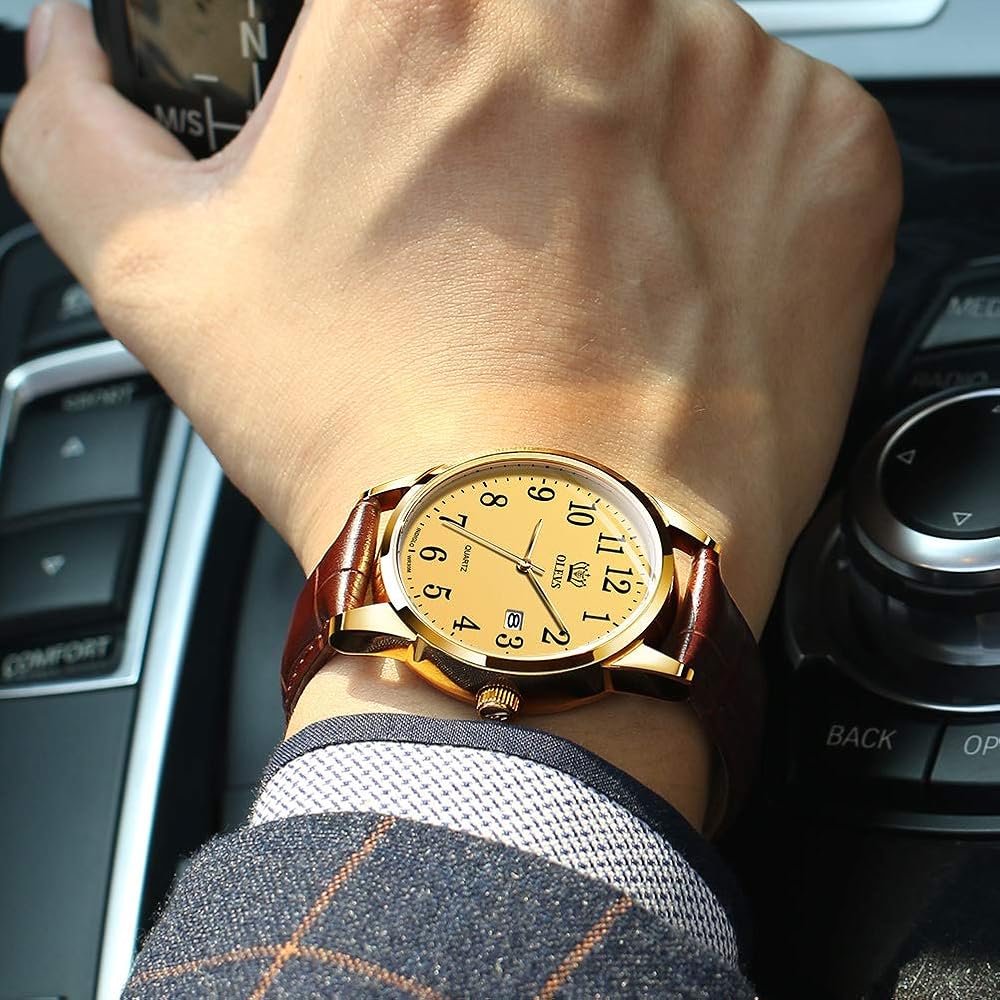OLEVS Men's Ultra-Thin Analog Quartz Watch with Leather Strap and Date Display