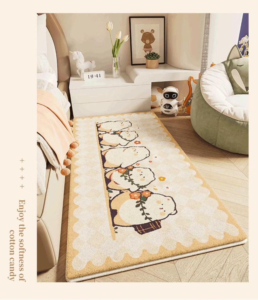 Dětský kreslený plyšový kobereček k posteli - Umělý kašmír, Roztomilá a zesílená podlahová rohož do dívčího pokoje.