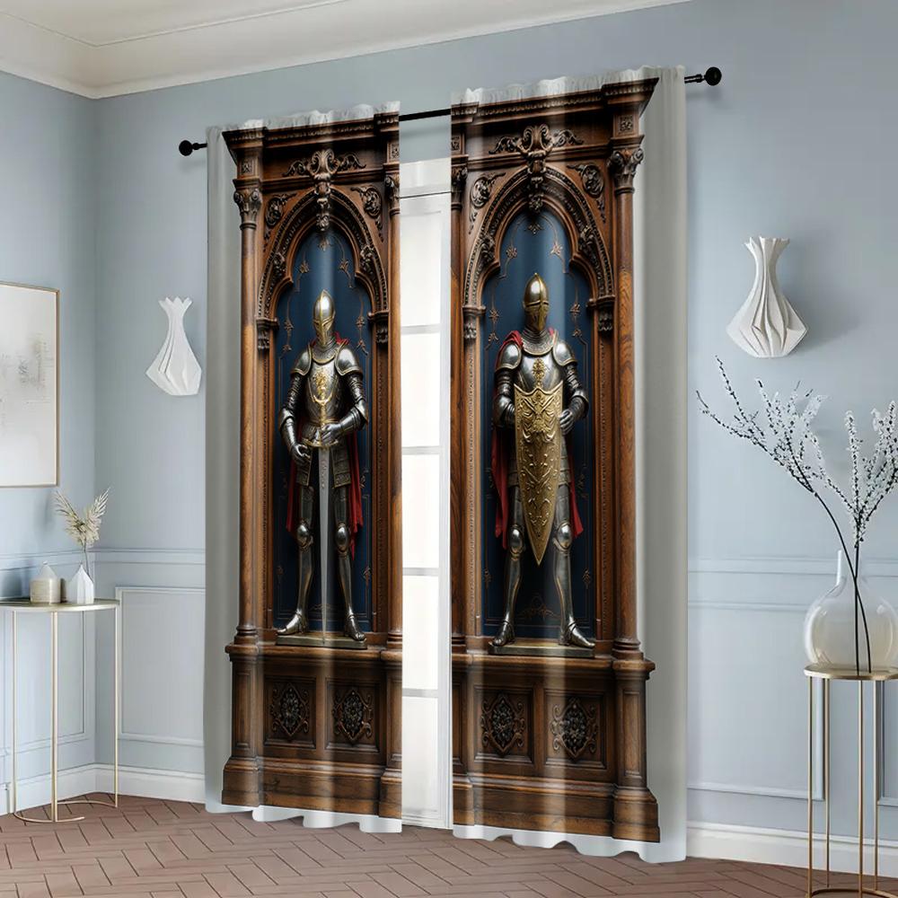 2pcs   Light Filtering Curtains Medieval Knight Armor Fabric (without rod) Festive Use for Living Room & Kitchen Decor