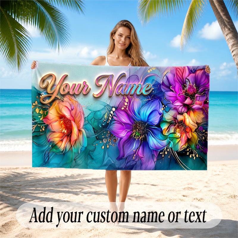 Floral Garden Theme Quick Dry Beach Towel Custom Name Text Print Large Sand Resistant Towel Beach Vacation
