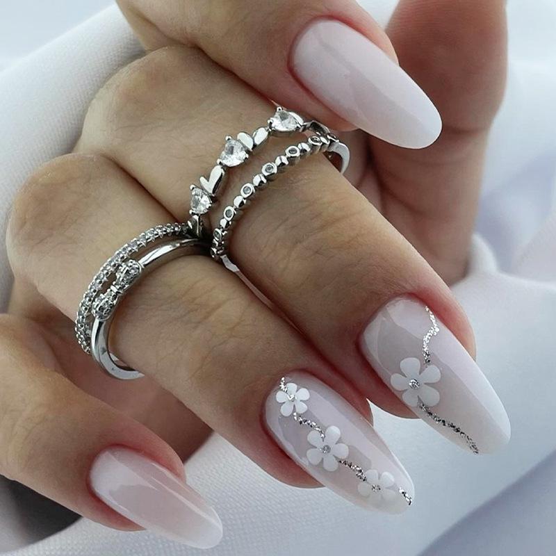 

Elegant Pink & White Gradient Press-on Nails with Silver Glitter & Floral Design, 2024