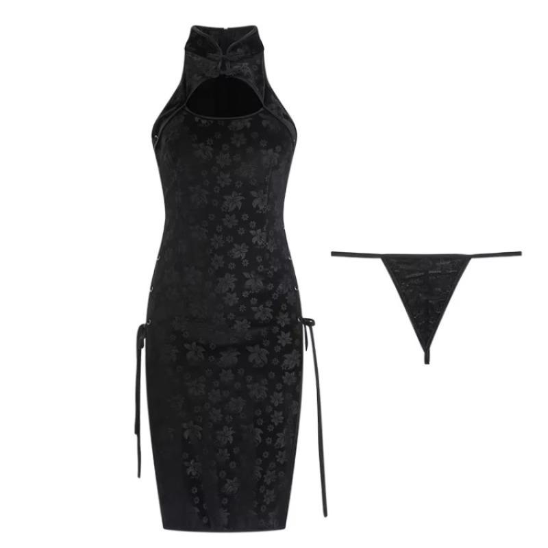 Retro Cheongsam Dress Chinese Sleepwear Side Lace Bandage Temptation Bedroom Nightdress Velvet Comfortable High Split Lingerie