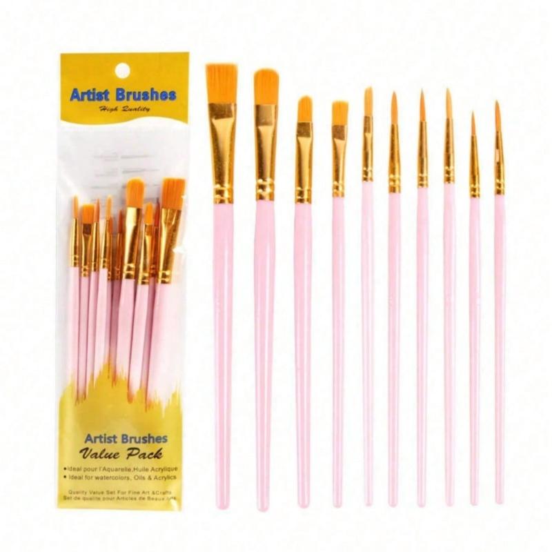 10pcs 2025 New Plastic Handle 10 Pieces Painting Brush Set, Hand Painting, Art Brushes Set / Slight Glue Overflow Is Inevitable